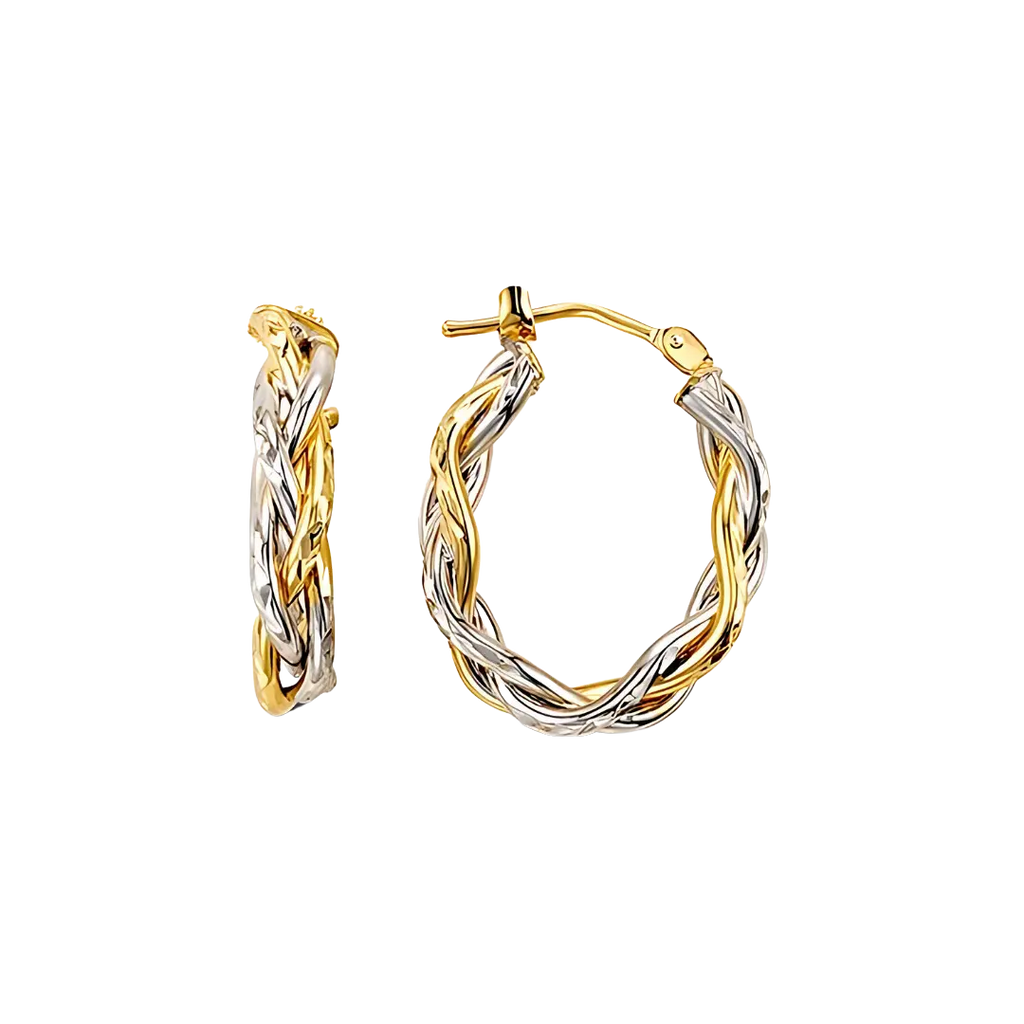 A pair of 10K Two-Tone Weave Hoop Earrings with a braided pattern combining yellow and white gold, displayed against a black background.