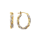 A pair of 10K Two-Tone Weave Hoop Earrings with a braided pattern combining yellow and white gold, displayed against a black background.