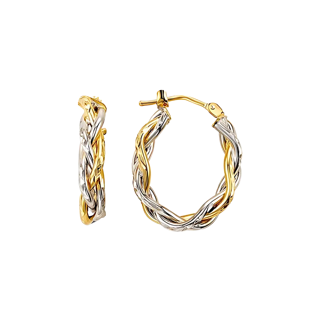 A pair of 10K Two-Tone Weave Hoop Earrings with a braided pattern combining yellow and white gold, displayed against a black background.